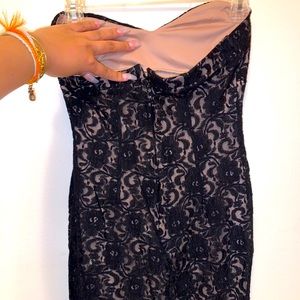 Nude and lace strapless cocktail dress